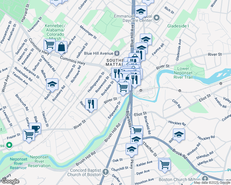 map of restaurants, bars, coffee shops, grocery stores, and more near 535-559 River Street in Boston