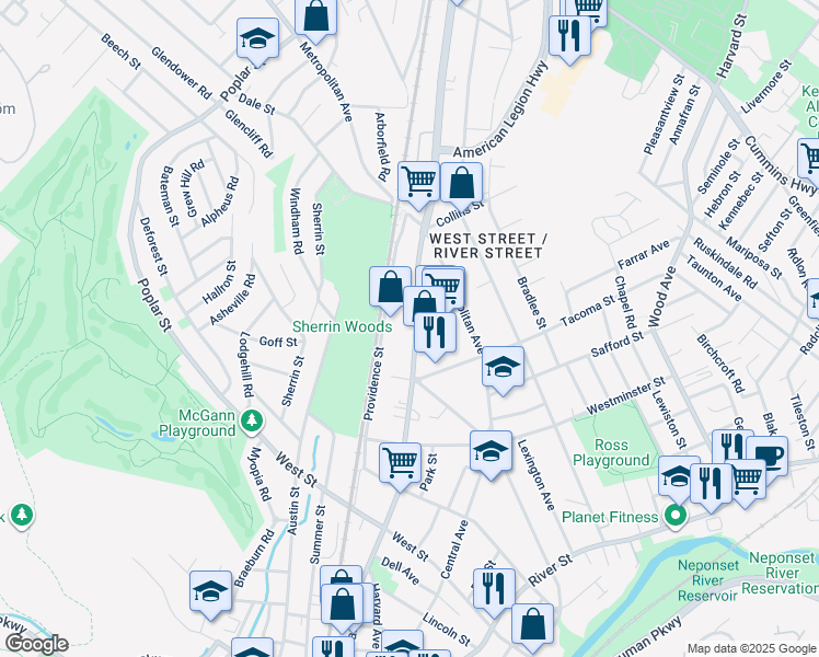 map of restaurants, bars, coffee shops, grocery stores, and more near 957 Hyde Park Avenue in Boston