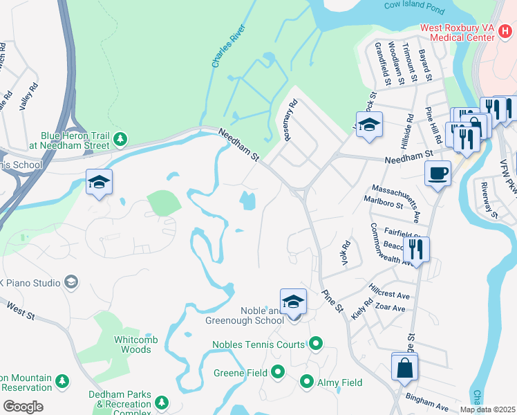 map of restaurants, bars, coffee shops, grocery stores, and more near 61 Jenney Lane in Dedham