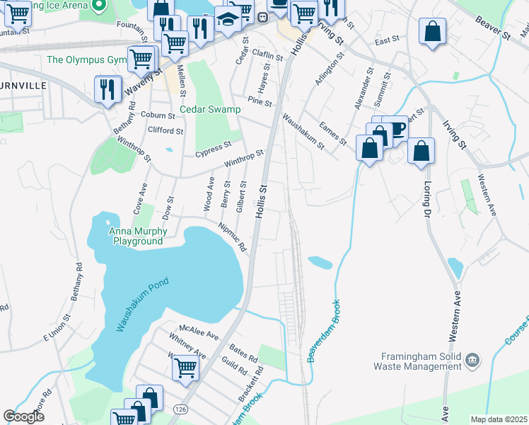 map of restaurants, bars, coffee shops, grocery stores, and more near 402 Hollis Street in Framingham