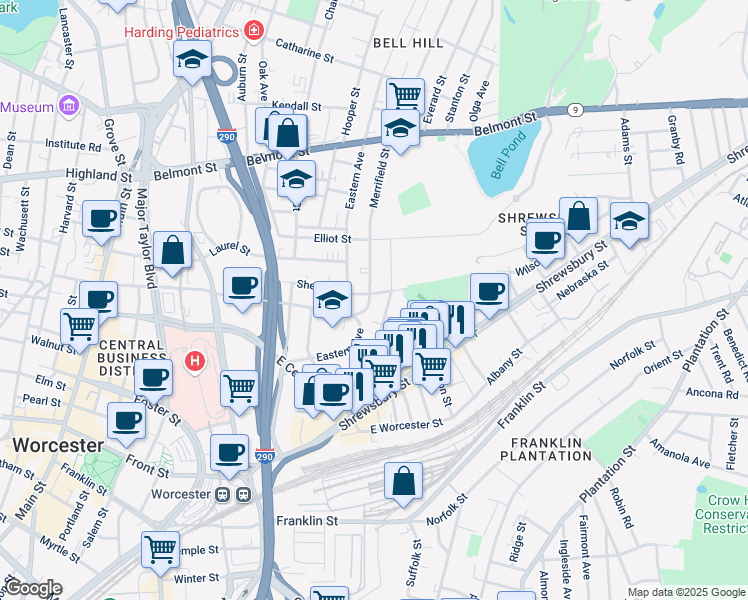 map of restaurants, bars, coffee shops, grocery stores, and more near 75 Gage Street in Worcester