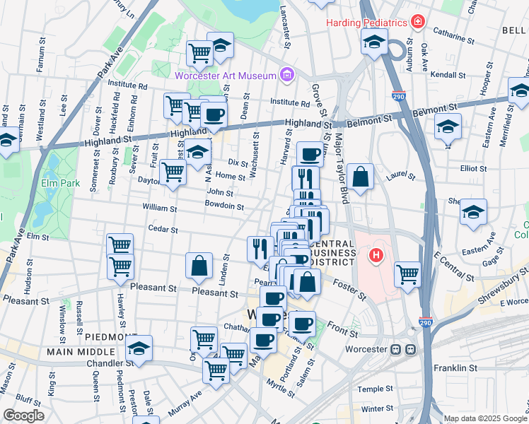 map of restaurants, bars, coffee shops, grocery stores, and more near 36 Chestnut Street in Worcester