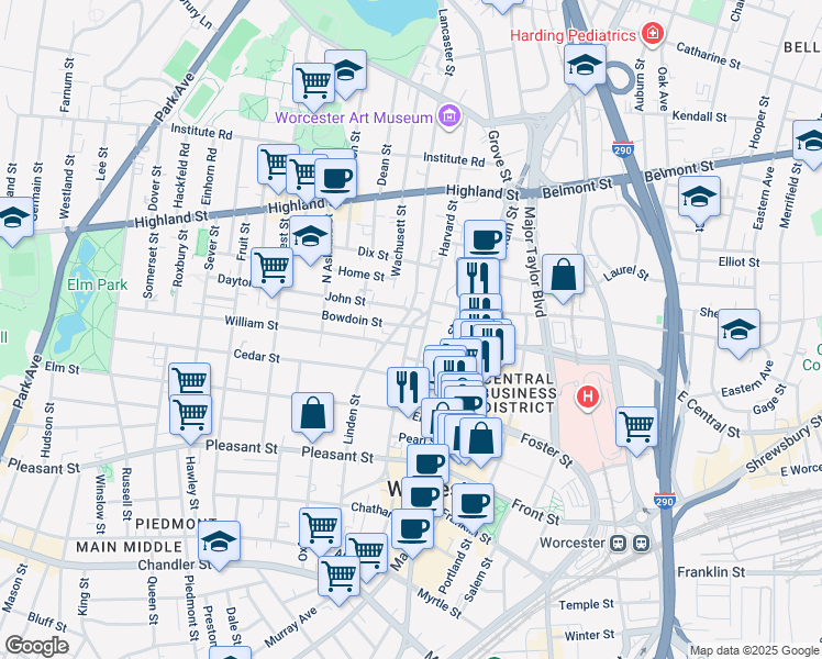 map of restaurants, bars, coffee shops, grocery stores, and more near 34 Chestnut Street in Worcester