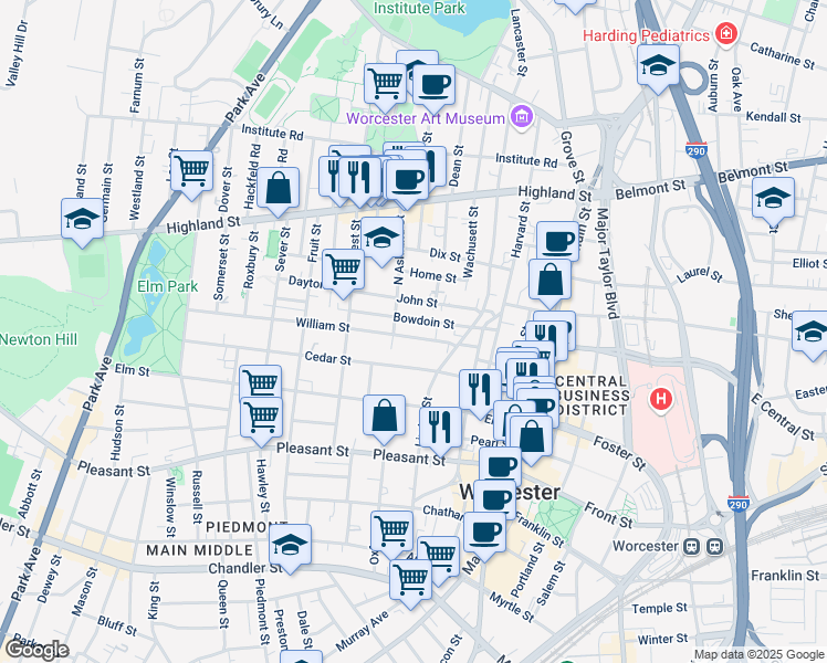 map of restaurants, bars, coffee shops, grocery stores, and more near 27 William Street in Worcester
