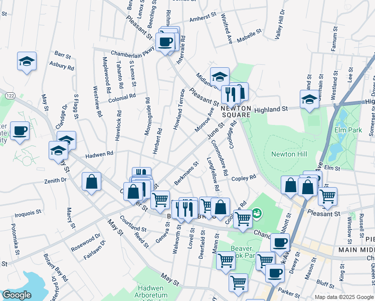 map of restaurants, bars, coffee shops, grocery stores, and more near 58 June Street in Worcester
