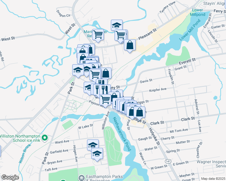 map of restaurants, bars, coffee shops, grocery stores, and more near in Easthampton