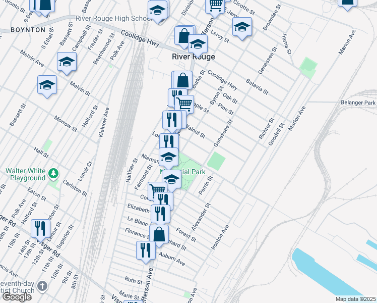 map of restaurants, bars, coffee shops, grocery stores, and more near 77 East Great Lakes Street in River Rouge