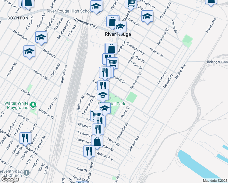 map of restaurants, bars, coffee shops, grocery stores, and more near 77 East Great Lakes Street in River Rouge