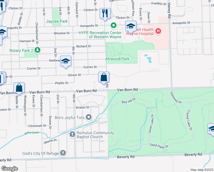 map of restaurants, bars, coffee shops, grocery stores, and more near 33970 Van Born Road in Wayne