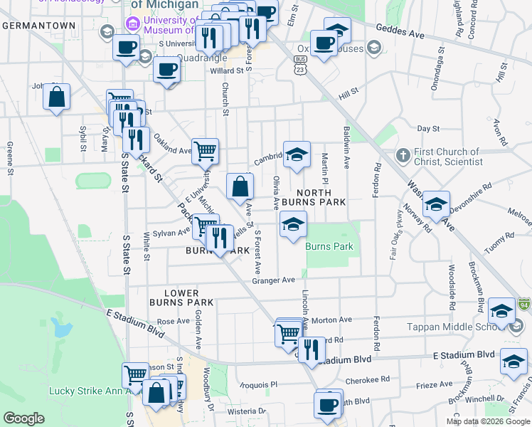 map of restaurants, bars, coffee shops, grocery stores, and more near 1130 Olivia Avenue in Ann Arbor
