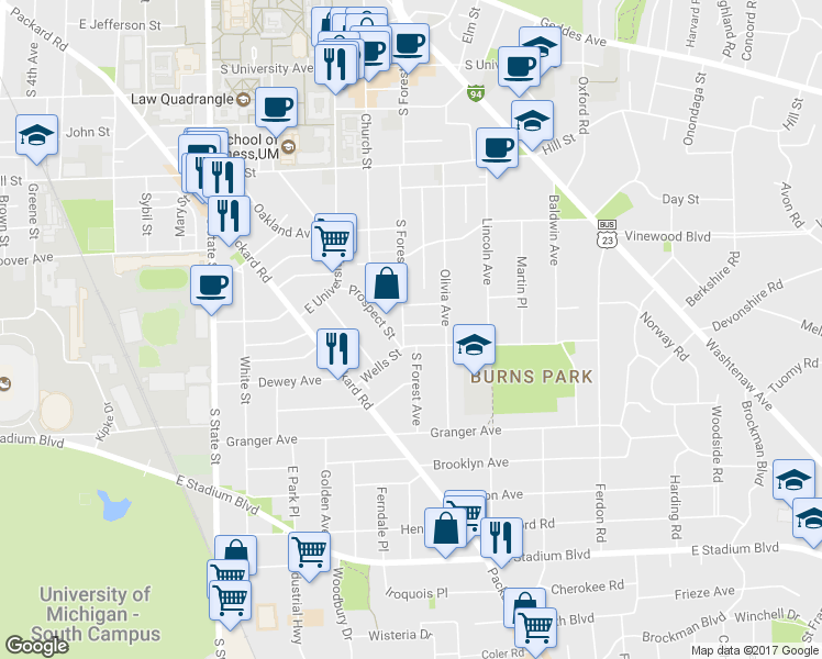 map of restaurants, bars, coffee shops, grocery stores, and more near 1153 South Forest Avenue in Ann Arbor