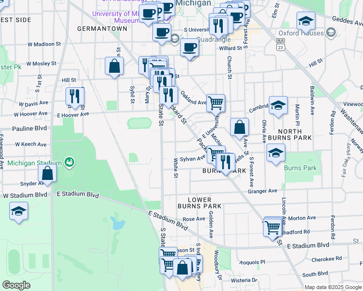map of restaurants, bars, coffee shops, grocery stores, and more near 1211 White Street in Ann Arbor