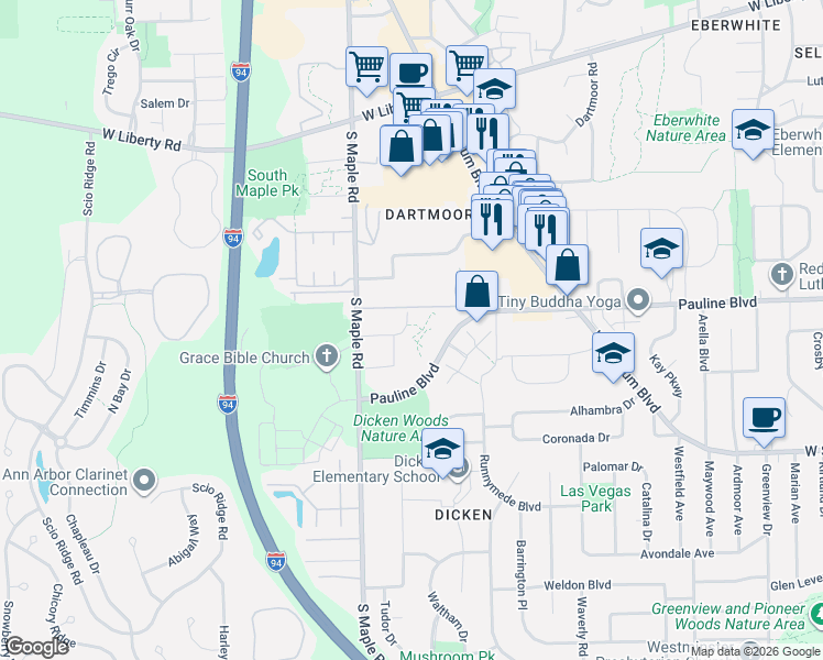 map of restaurants, bars, coffee shops, grocery stores, and more near 2120 Pauline Boulevard in Ann Arbor