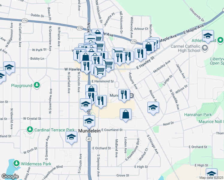 map of restaurants, bars, coffee shops, grocery stores, and more near 250 Plaza Circle in Mundelein