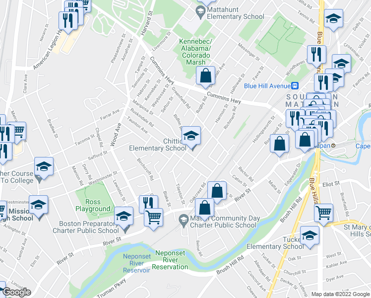 map of restaurants, bars, coffee shops, grocery stores, and more near 154 Ruskindale Road in Boston