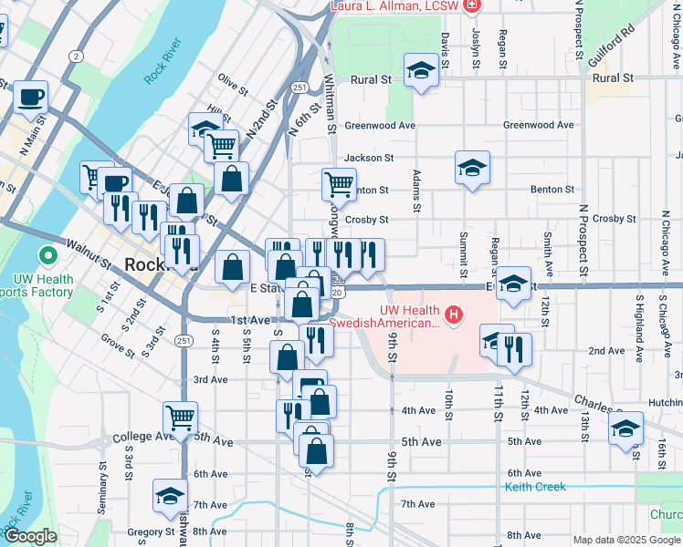 map of restaurants, bars, coffee shops, grocery stores, and more near 115 North Longwood Street in Rockford