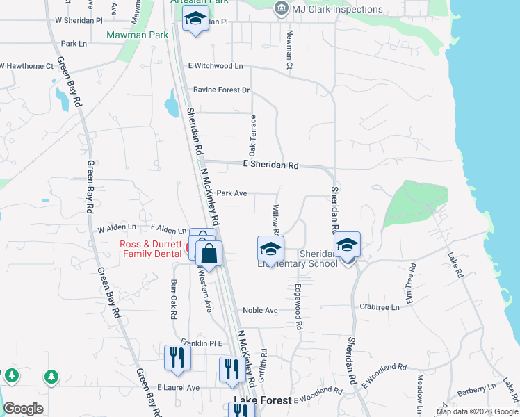 map of restaurants, bars, coffee shops, grocery stores, and more near 1527 Greenleaf Avenue in Lake Forest