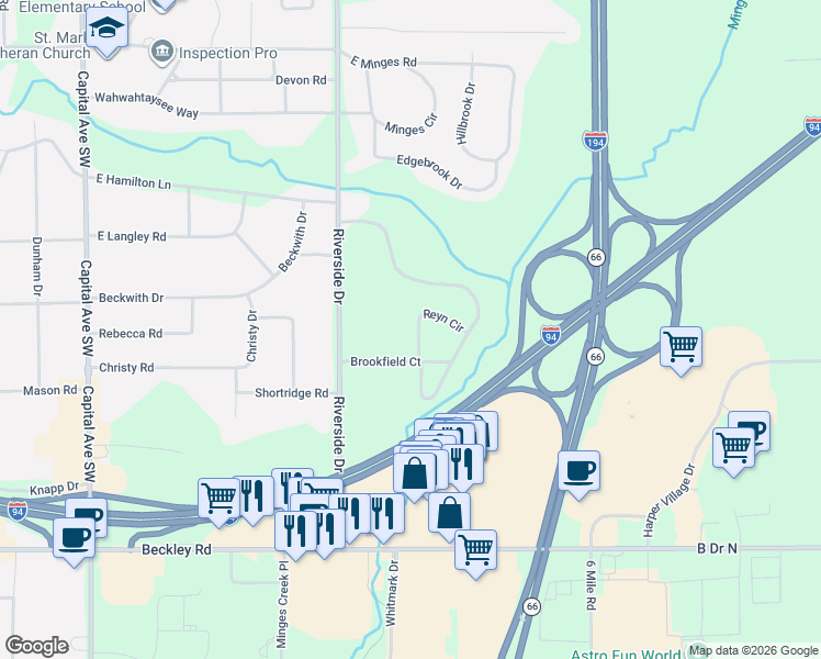 map of restaurants, bars, coffee shops, grocery stores, and more near 77 Brookfield Court in Battle Creek