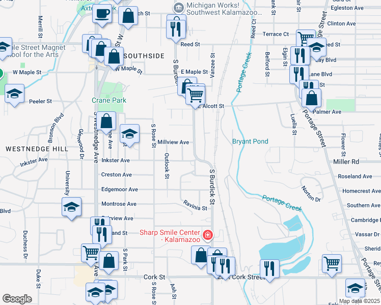 map of restaurants, bars, coffee shops, grocery stores, and more near 2329 South Burdick Street in Kalamazoo