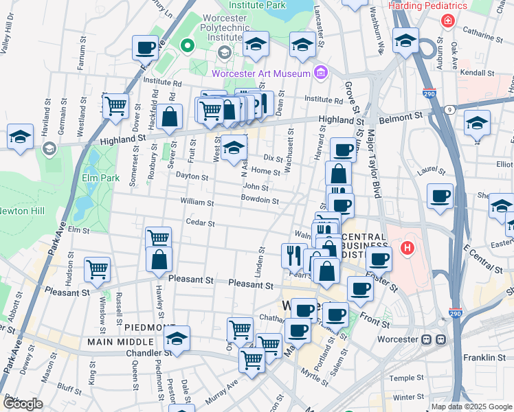 map of restaurants, bars, coffee shops, grocery stores, and more near 24 William Street in Worcester