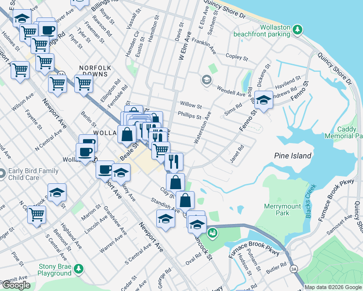map of restaurants, bars, coffee shops, grocery stores, and more near 27 Greene Street in Quincy