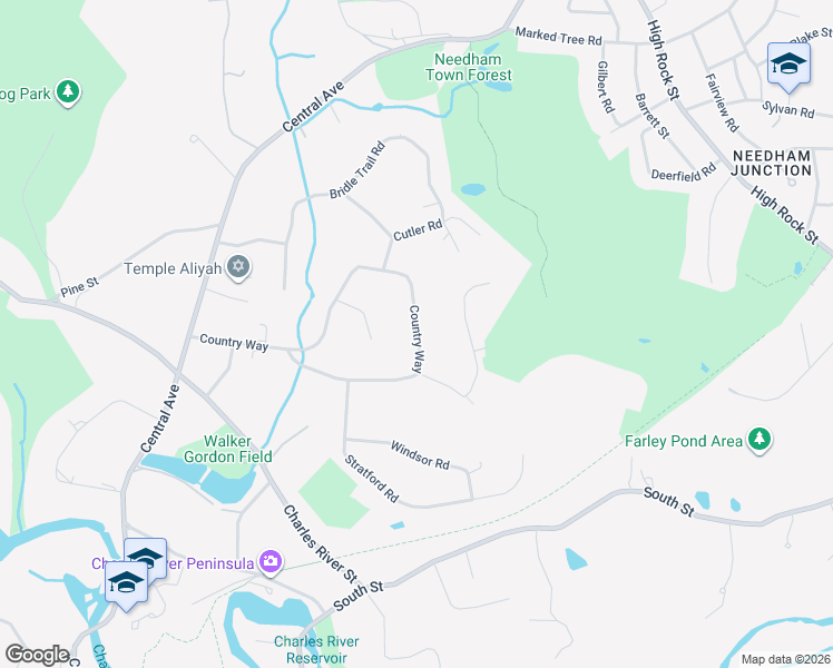 map of restaurants, bars, coffee shops, grocery stores, and more near 265 Country Way in Needham