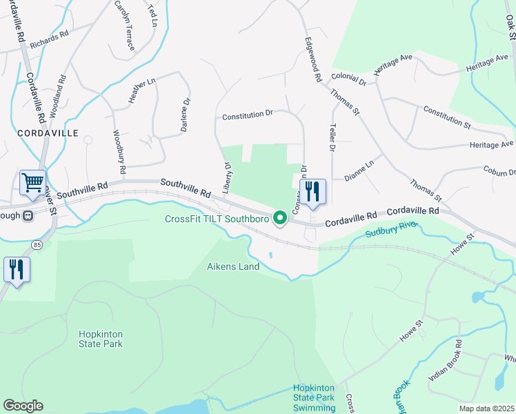 map of restaurants, bars, coffee shops, grocery stores, and more near 15 Southville Road in Southborough