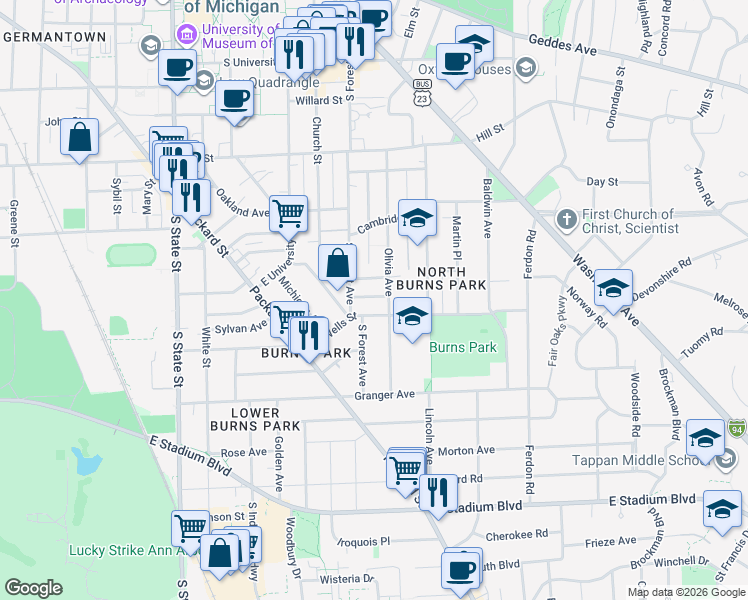 map of restaurants, bars, coffee shops, grocery stores, and more near 1130 Olivia Avenue in Ann Arbor