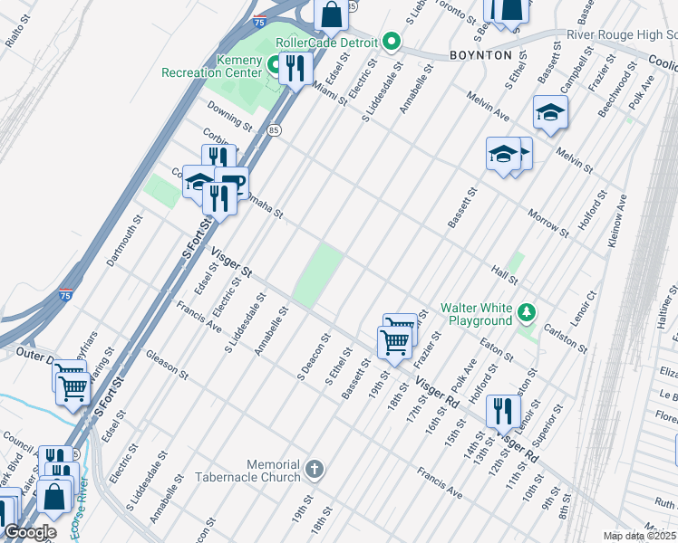 map of restaurants, bars, coffee shops, grocery stores, and more near 2639 Beatrice Street in Detroit