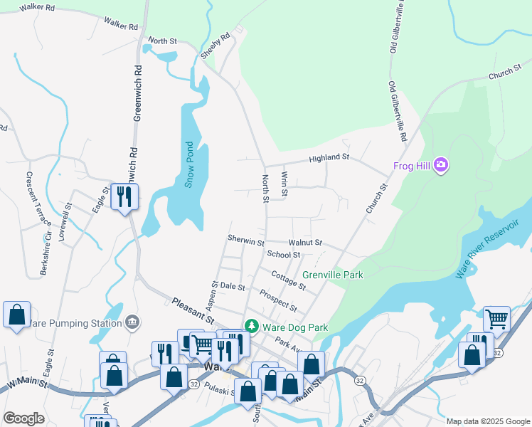 map of restaurants, bars, coffee shops, grocery stores, and more near 158 North Street in Ware