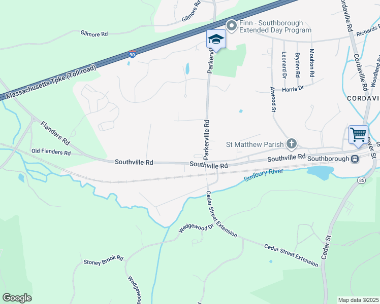 map of restaurants, bars, coffee shops, grocery stores, and more near 147 Southville Road in Southborough