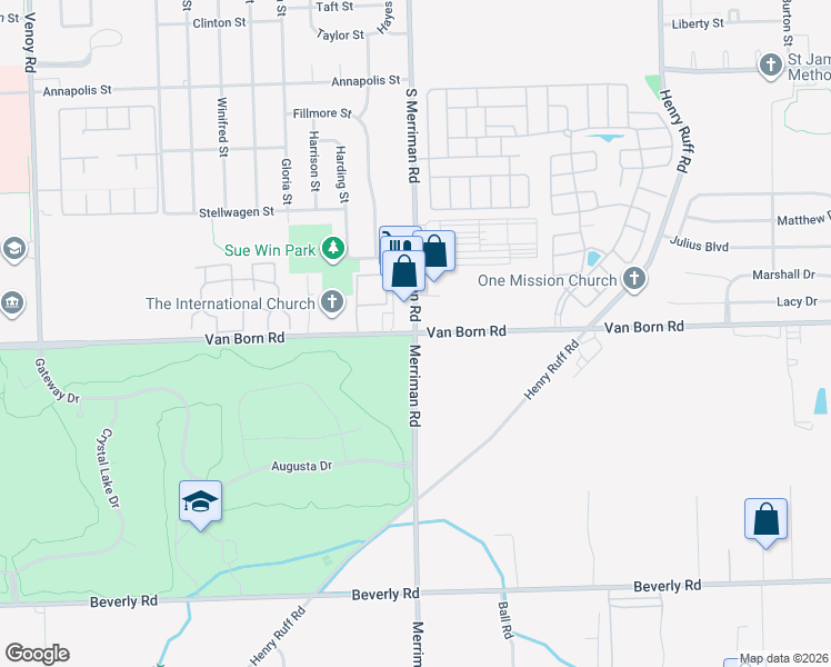 map of restaurants, bars, coffee shops, grocery stores, and more near Van Born Rd & Merriman Rd in Westland
