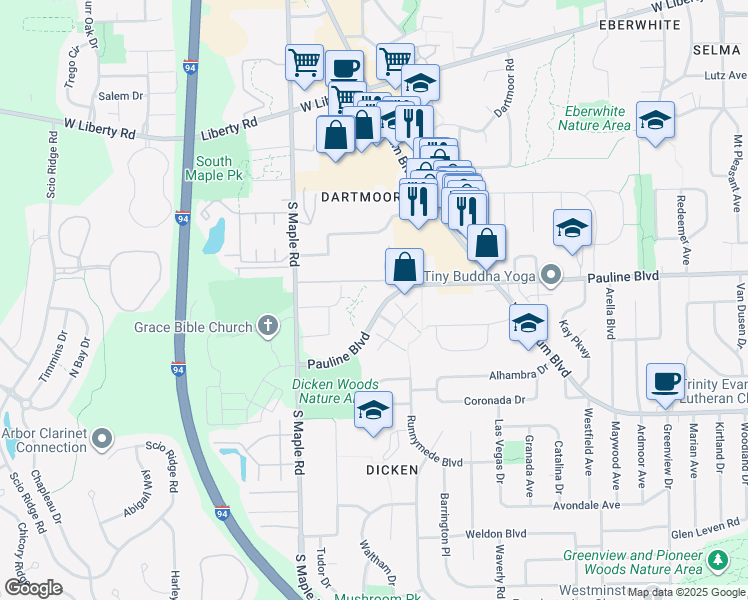 map of restaurants, bars, coffee shops, grocery stores, and more near 2104 Pauline Boulevard in Ann Arbor