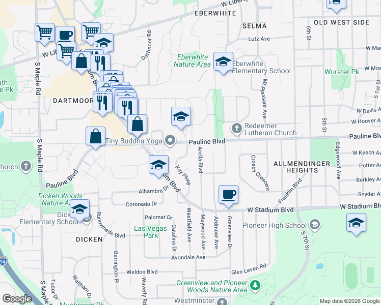 map of restaurants, bars, coffee shops, grocery stores, and more near 1131 Kay Parkway in Ann Arbor