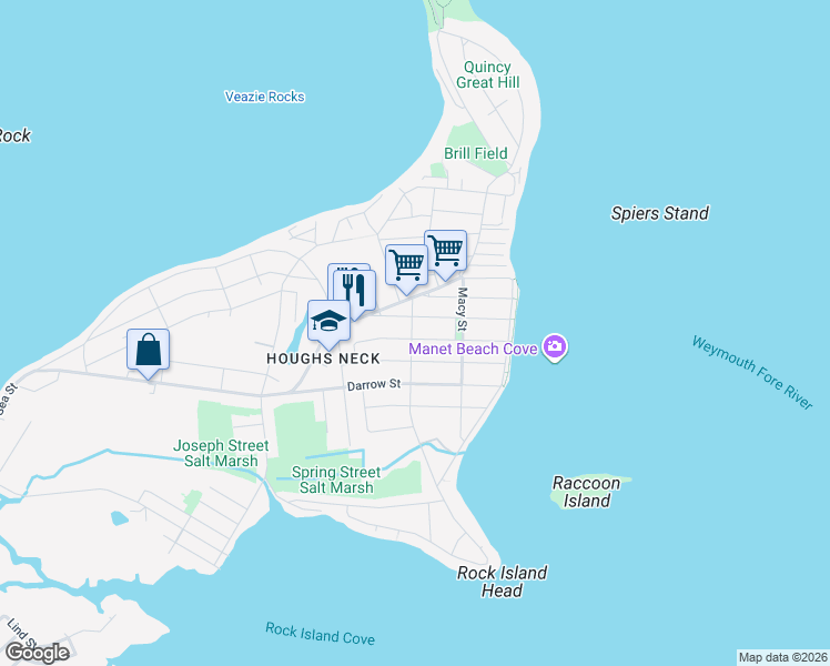 map of restaurants, bars, coffee shops, grocery stores, and more near 64 Charles Street in Quincy
