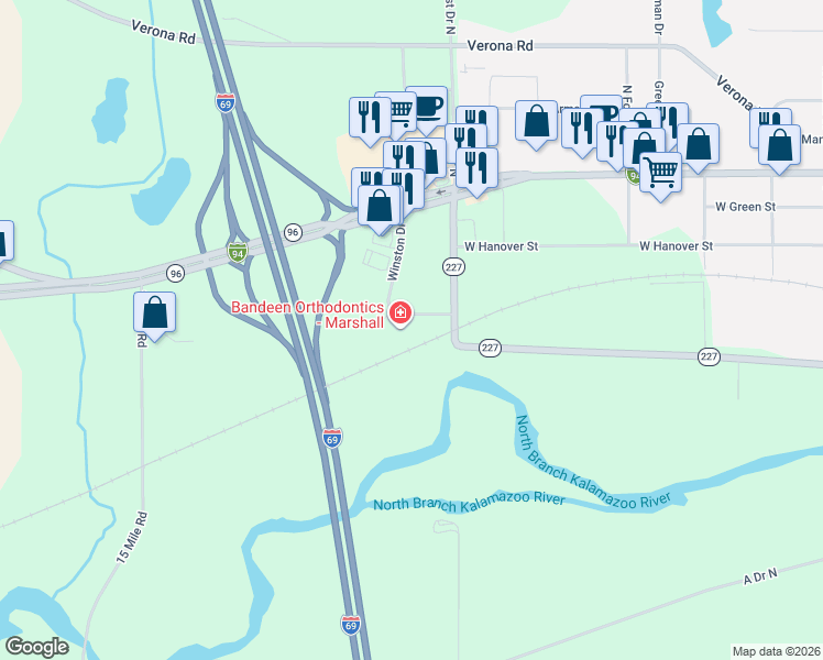 map of restaurants, bars, coffee shops, grocery stores, and more near 712 Winston Drive in Marshall
