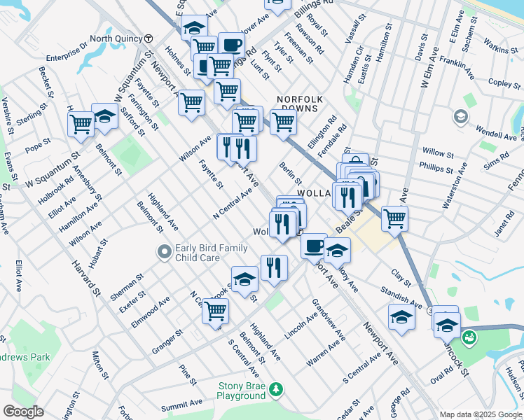 map of restaurants, bars, coffee shops, grocery stores, and more near 210 Arlington Street in Quincy