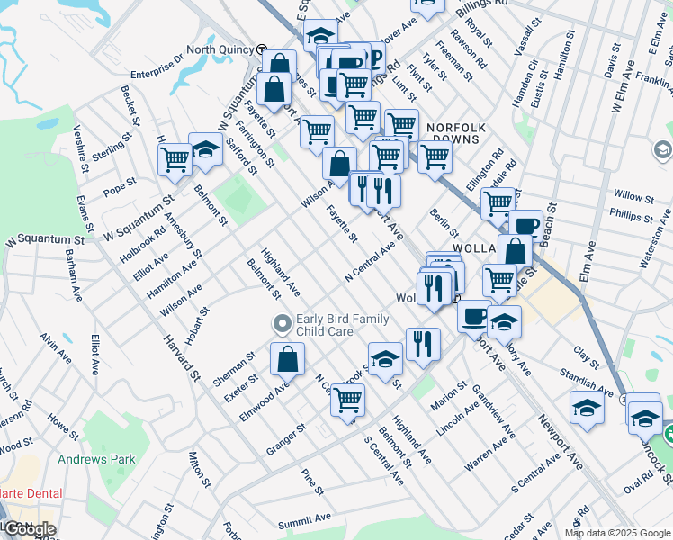 map of restaurants, bars, coffee shops, grocery stores, and more near 74 Taylor Street in Quincy