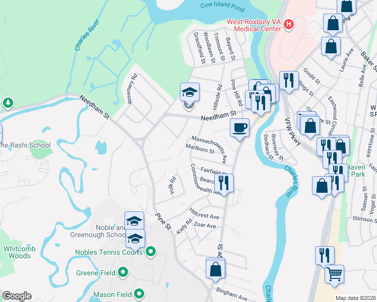 map of restaurants, bars, coffee shops, grocery stores, and more near 138 Massachusetts Avenue in Dedham
