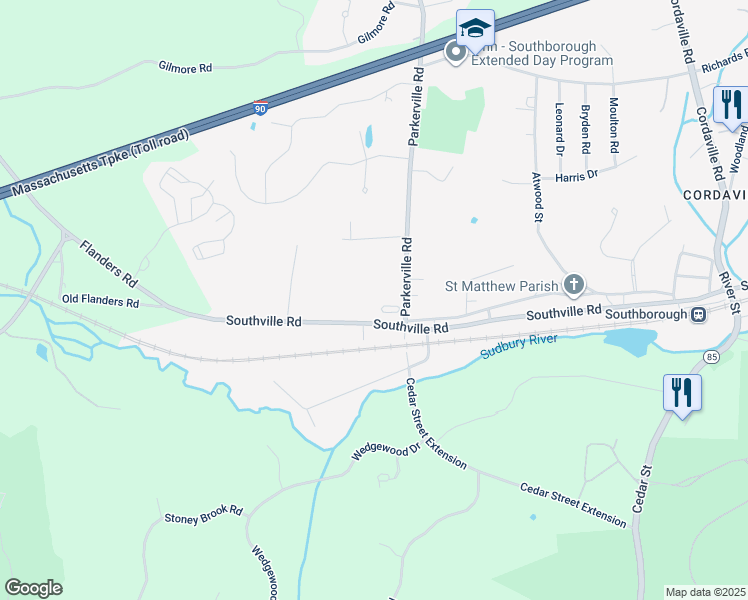 map of restaurants, bars, coffee shops, grocery stores, and more near 147 Southville Road in Southborough