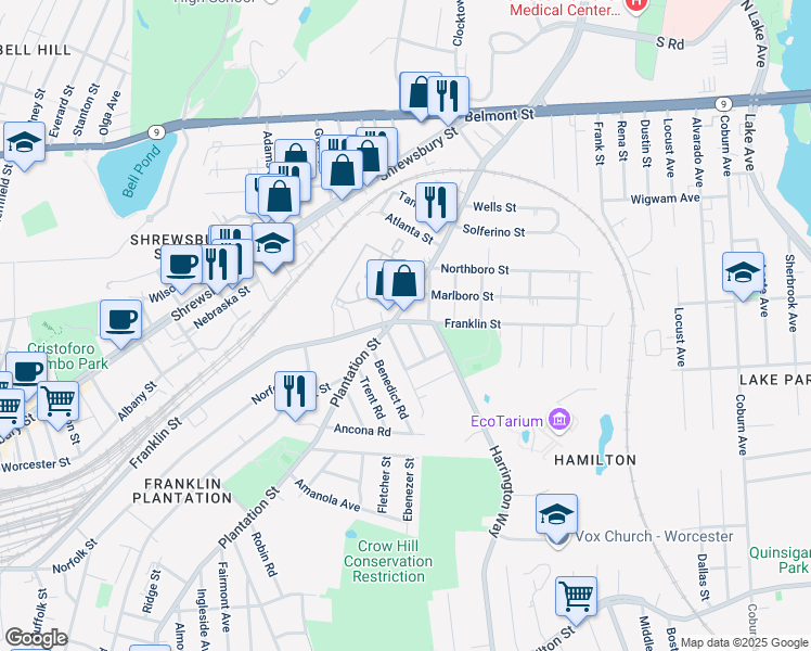 map of restaurants, bars, coffee shops, grocery stores, and more near 3 Cameron Street in Worcester