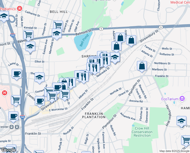 map of restaurants, bars, coffee shops, grocery stores, and more near 9 Muskeego Street in Worcester