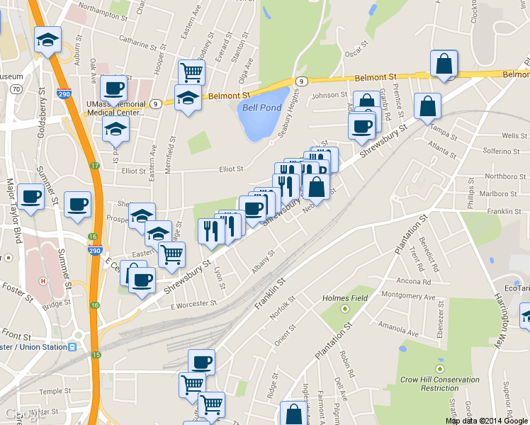 map of restaurants, bars, coffee shops, grocery stores, and more near 233 Shrewsbury Street in Worcester