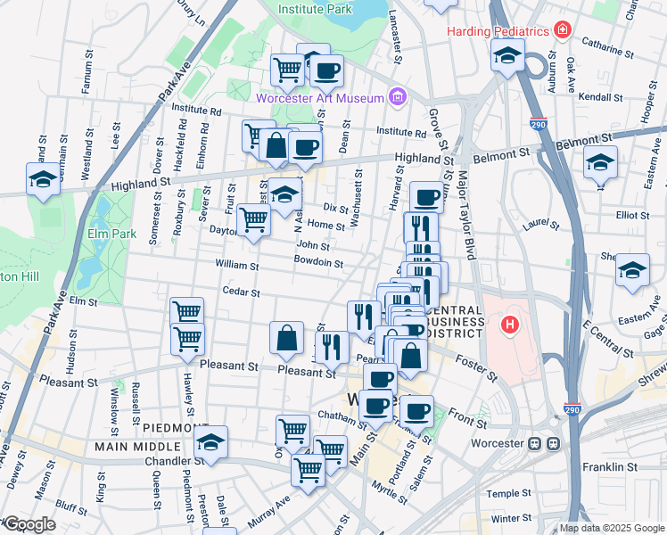 map of restaurants, bars, coffee shops, grocery stores, and more near 9 William Street in Worcester