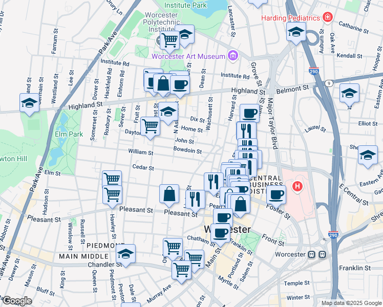map of restaurants, bars, coffee shops, grocery stores, and more near 9 William Street in Worcester