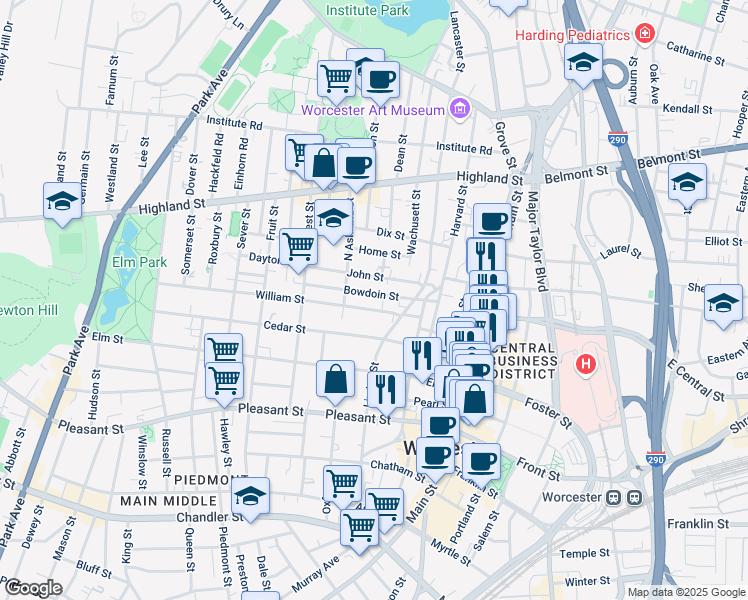 map of restaurants, bars, coffee shops, grocery stores, and more near 9 William Street in Worcester