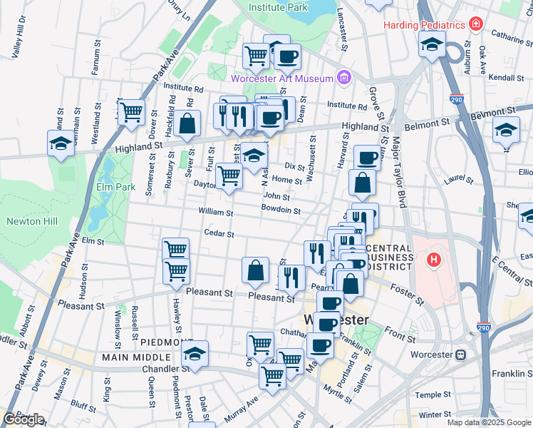 map of restaurants, bars, coffee shops, grocery stores, and more near 27 William Street in Worcester