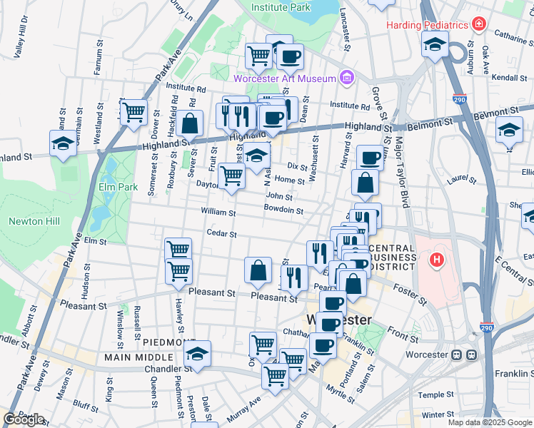map of restaurants, bars, coffee shops, grocery stores, and more near 27 William Street in Worcester