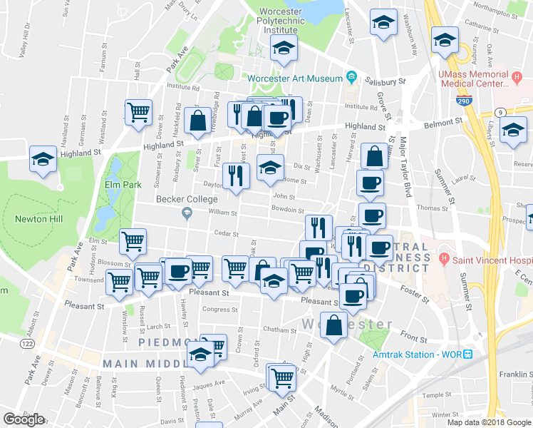 map of restaurants, bars, coffee shops, grocery stores, and more near 27 William Street in Worcester