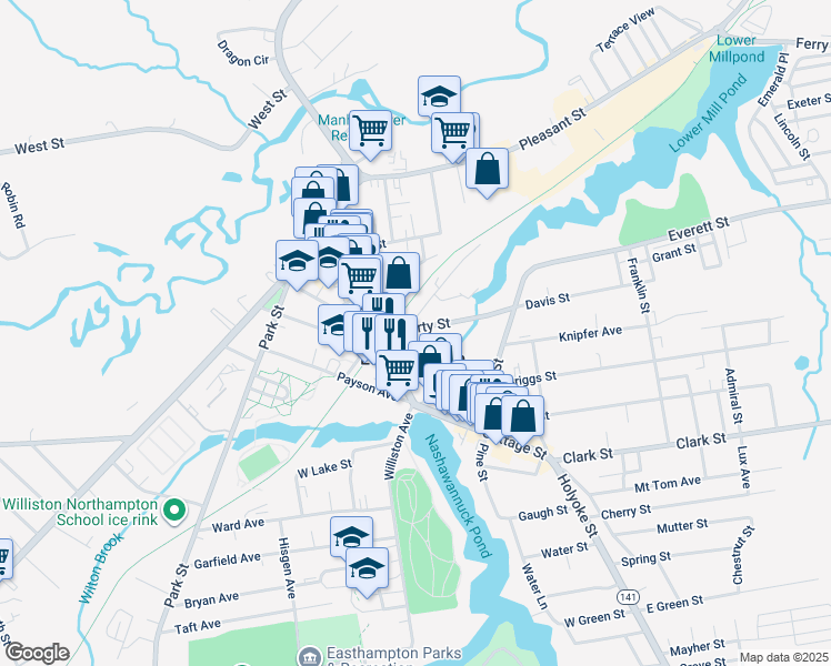 map of restaurants, bars, coffee shops, grocery stores, and more near in Easthampton